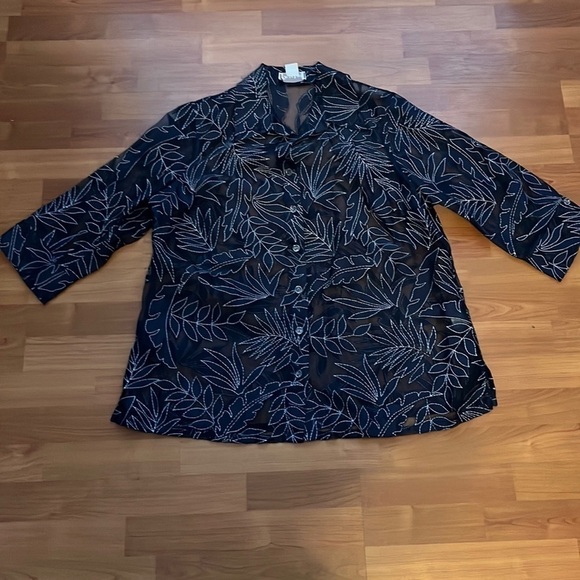 Tanjay women’s navy blue and white sheer floral print 3/4 sleeve jacket size 16W - Picture 2 of 9